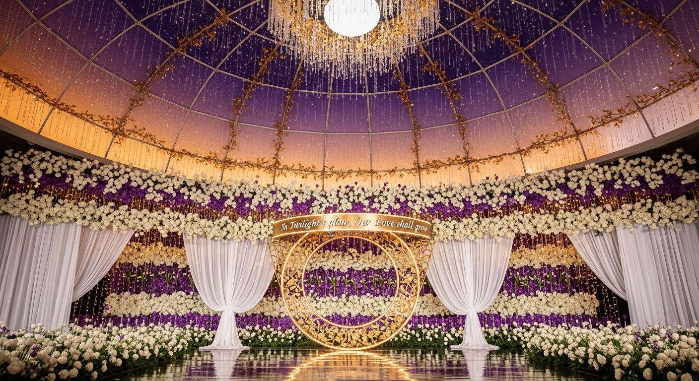 Magical fairy tale wedding backdrop with a domed ceiling, reflective flooring, and soft purple‑gold illumination. Symmetrical garden florals enhance depth, creating a breathtaking scene for formal portraits and grand events