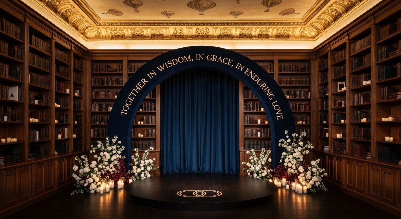 Timeless classic wedding ceremony background inside an elegant book hall with symmetrical architecture, circular vow platform, and subtle hot air balloon ceiling artwork for 2026 spring wedding ideas