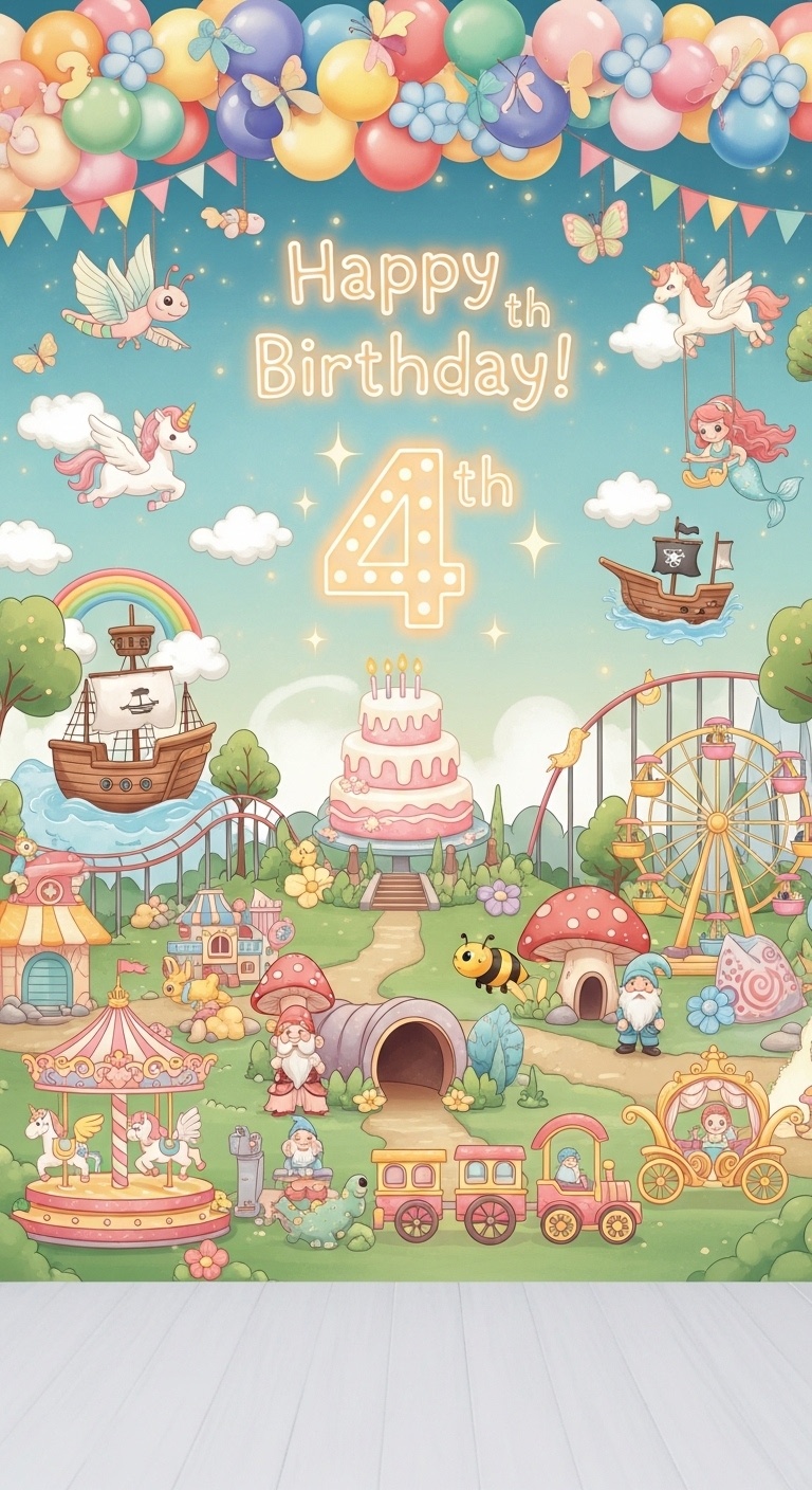 Toddler-Friendly 4th Birthday Backdrop – Enchanted Forest, Birthday Cake & Professional Photography Wall