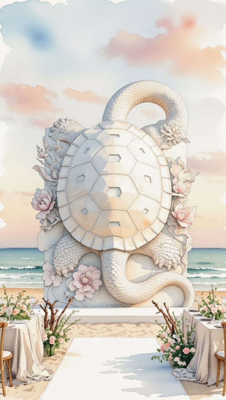 Turtle-Snake Guardian Beach Wedding Backdrop – Elegant Coastal Vow Exchange Poster