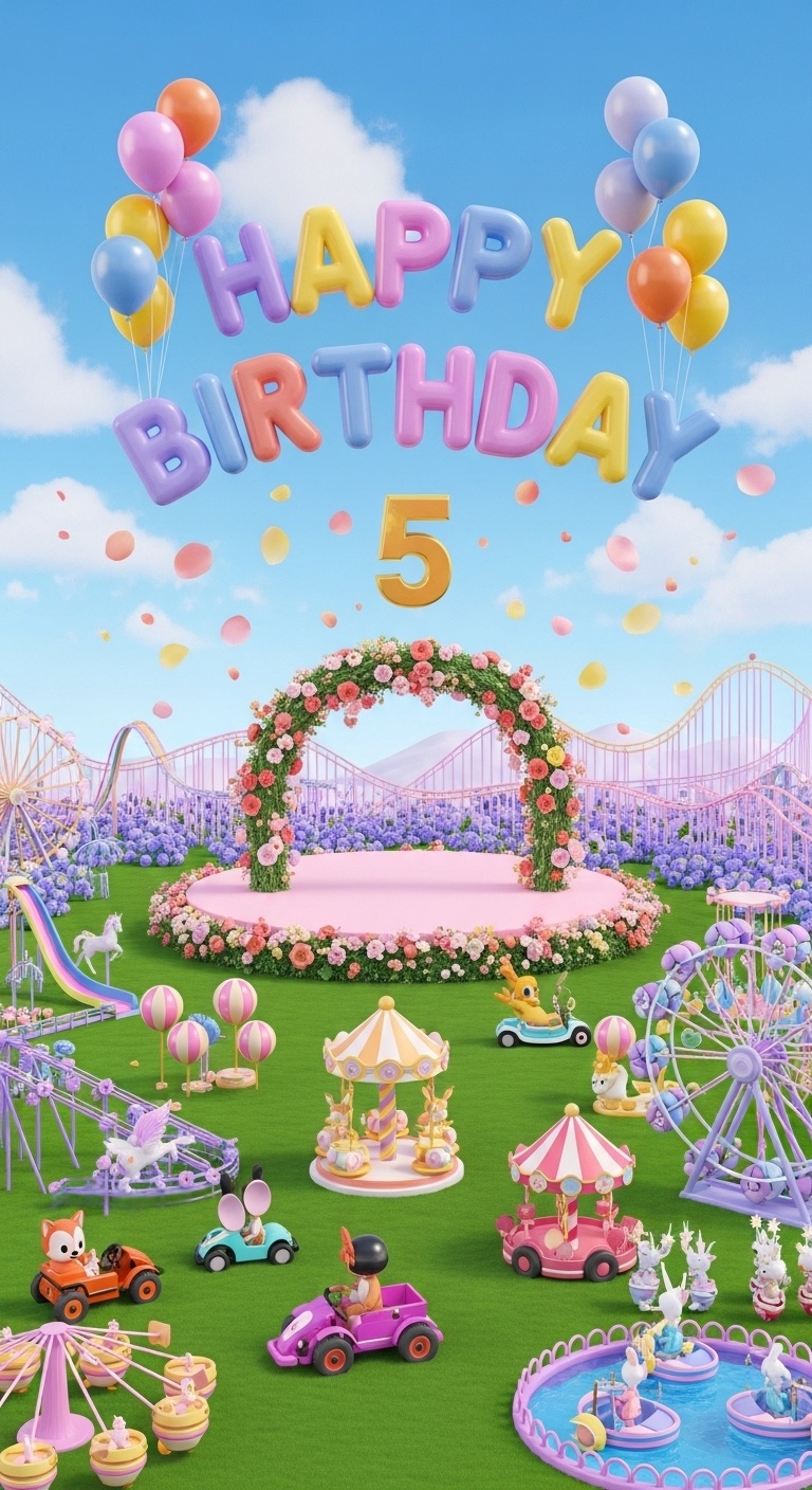 magical spring birthday illustration with twilight unicorn rainbow slide aurora jellyfish sky swing crystal star pegasus coaster fairy creatures enchanted forest backdrop