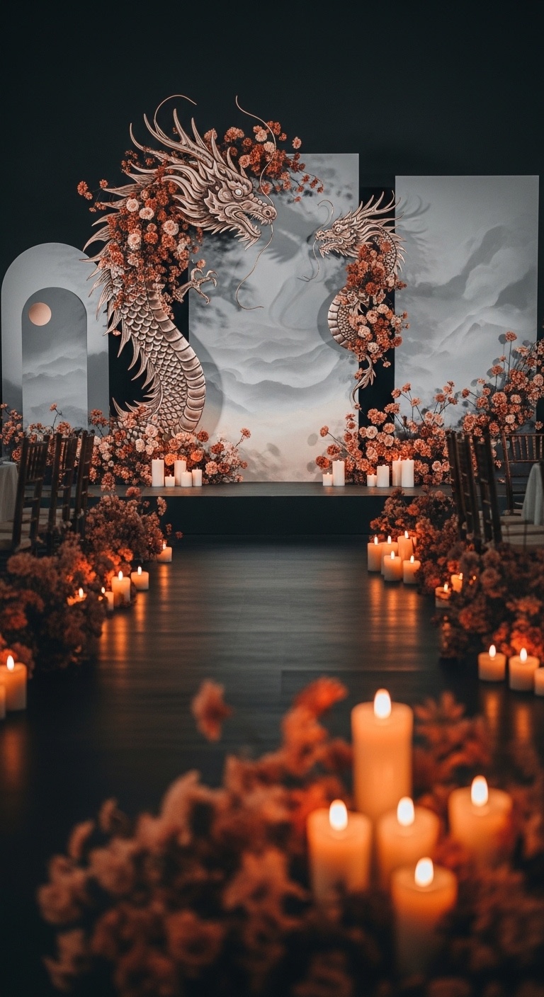 Twilight Zhulong Illumination – Luxury Wedding Backdrop with Silver Dawn Highlights