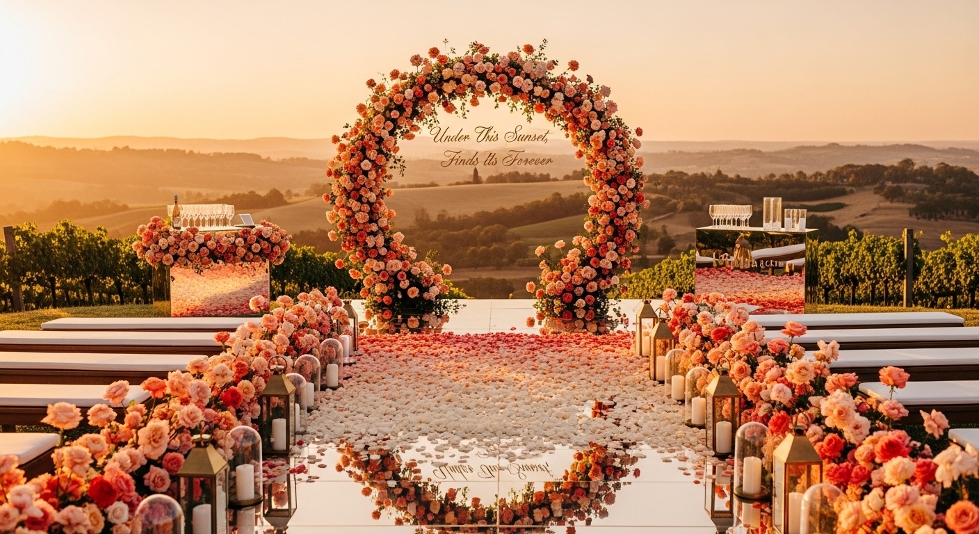 Twilight floral dome with suspended rose chandeliers, coral velvet aisle, mirrored flower columns, subtle mist drifting through the scene