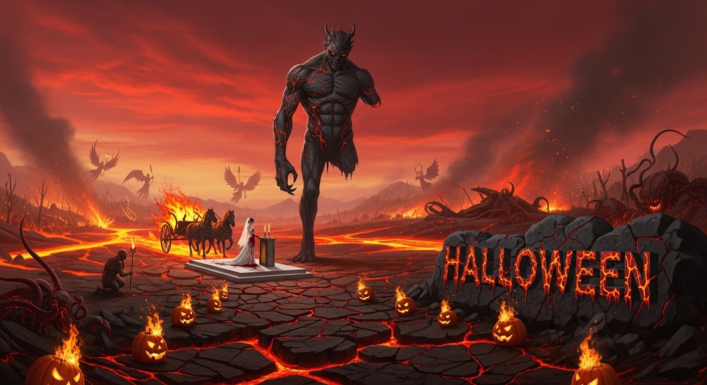 Taboo Folklore Halloween Wedding Inspiration – Dugu Beast, Blood-Stained Gown, and Infernal War Panorama Background