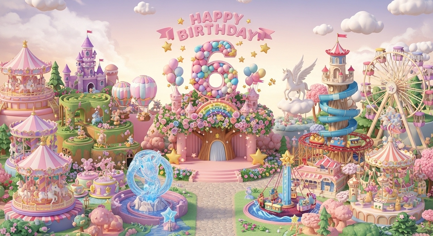 6th Birthday Backdrop – Enchanted Forest Kingdom with Fantasy Rides for Girls’ Party