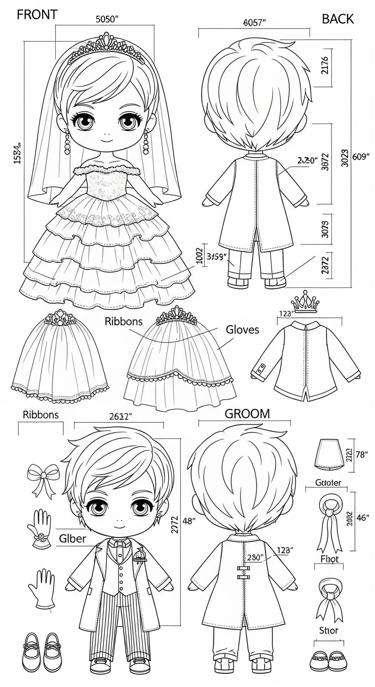 Wide-angle composition with symmetrical floral pathways framing romantic dolls, diffused natural light Blueprint Technical