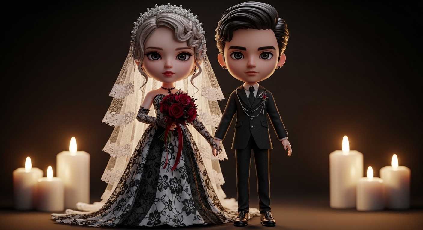 Wide-angle evening garden scene, dark red flowers, black-and-white drapery framing the dolls, soft ambient glow