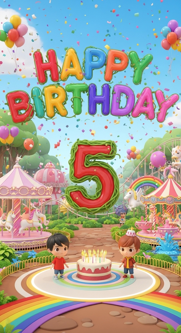 Woodland 5th Birthday Backdrop – Rainbow Runway, Magical Creatures & Center Stage for Kids Party