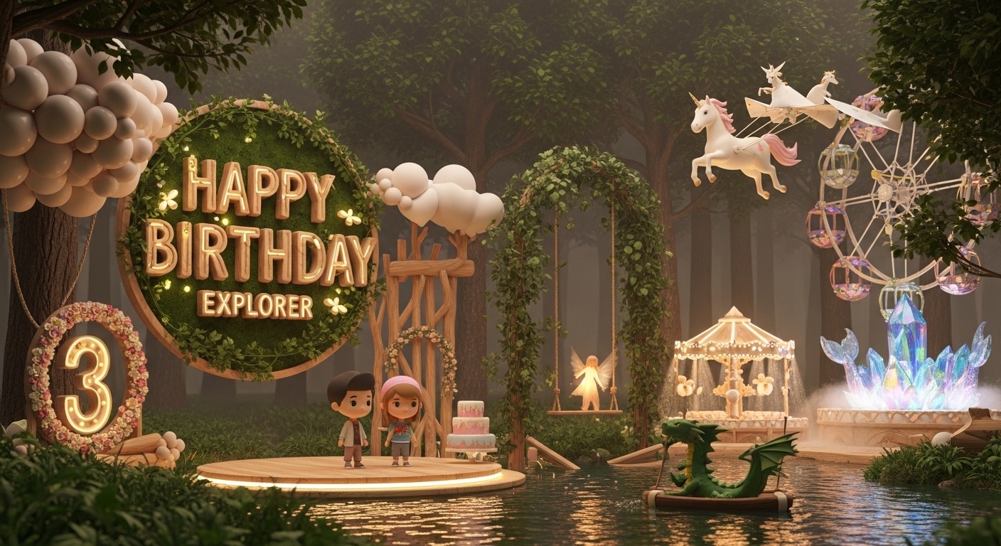 High end studio photography setup showing children celebrating birthday in front of low saturation forest light fantasy amusement park background with wooden structures and birthday explorer badge photo spot