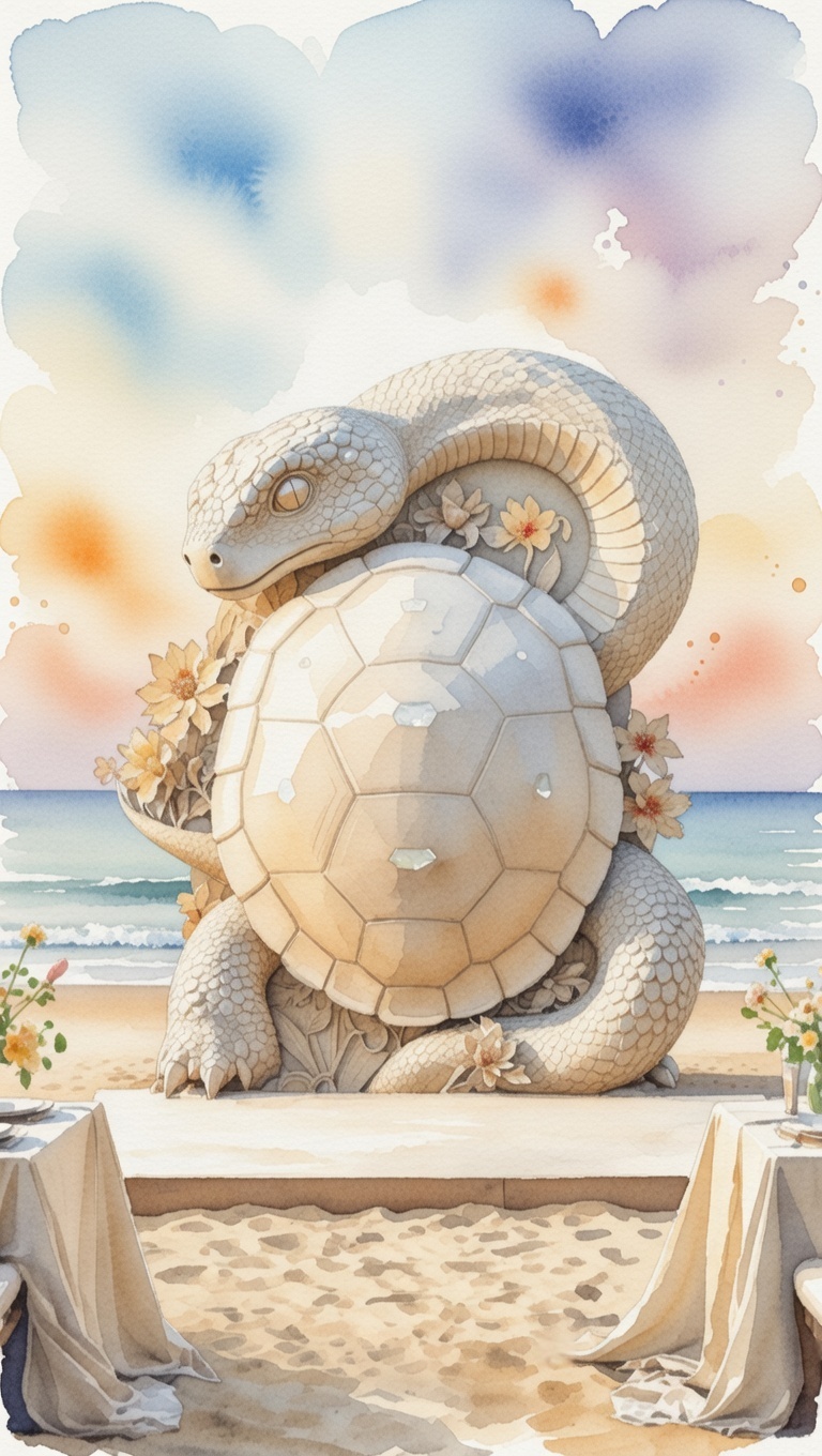 Xuanwu Unity Wedding Backdrop – Ink-Inspired Guardian Poster for Beach Ceremony Harmony