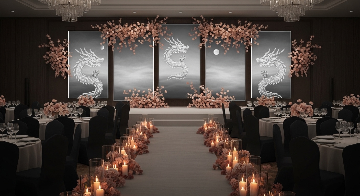 Zhulong Candlelight Dragon Wedding Backdrop – Soft Moody Light Art for Elegant Receptions