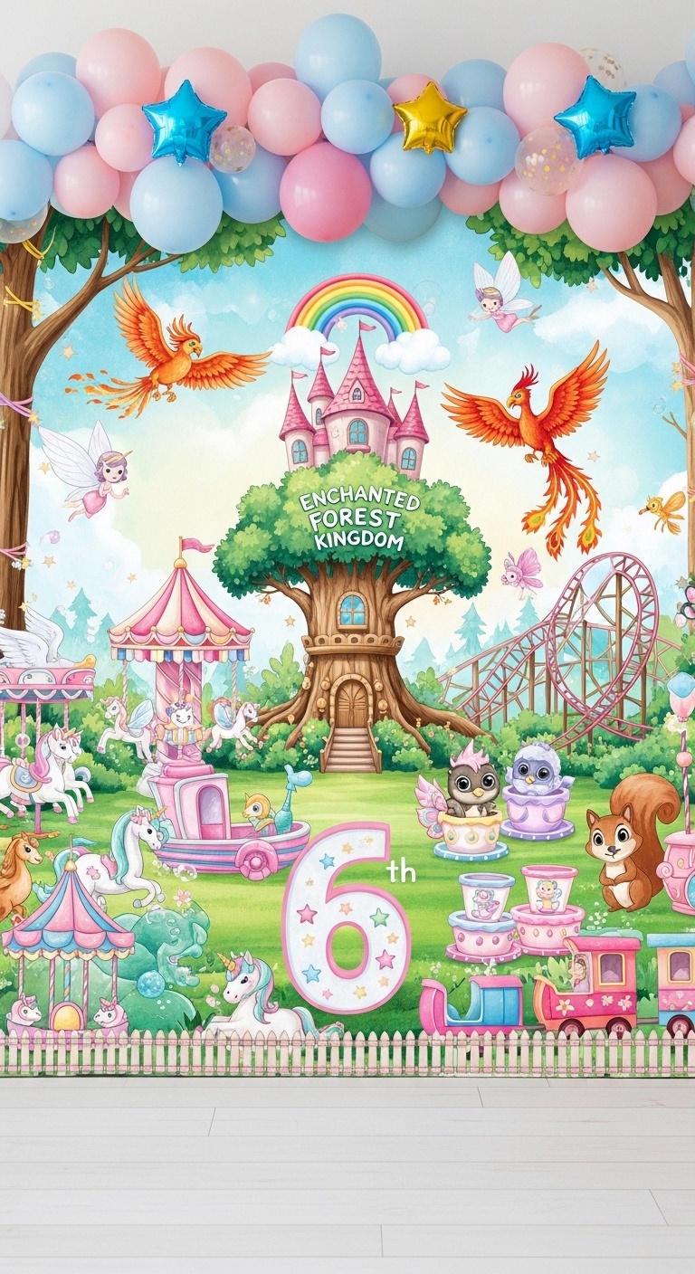 Interactive fantasy rides, magical woodland creatures, and colorful ribbons in 6th birthday enchanted forest kingdom