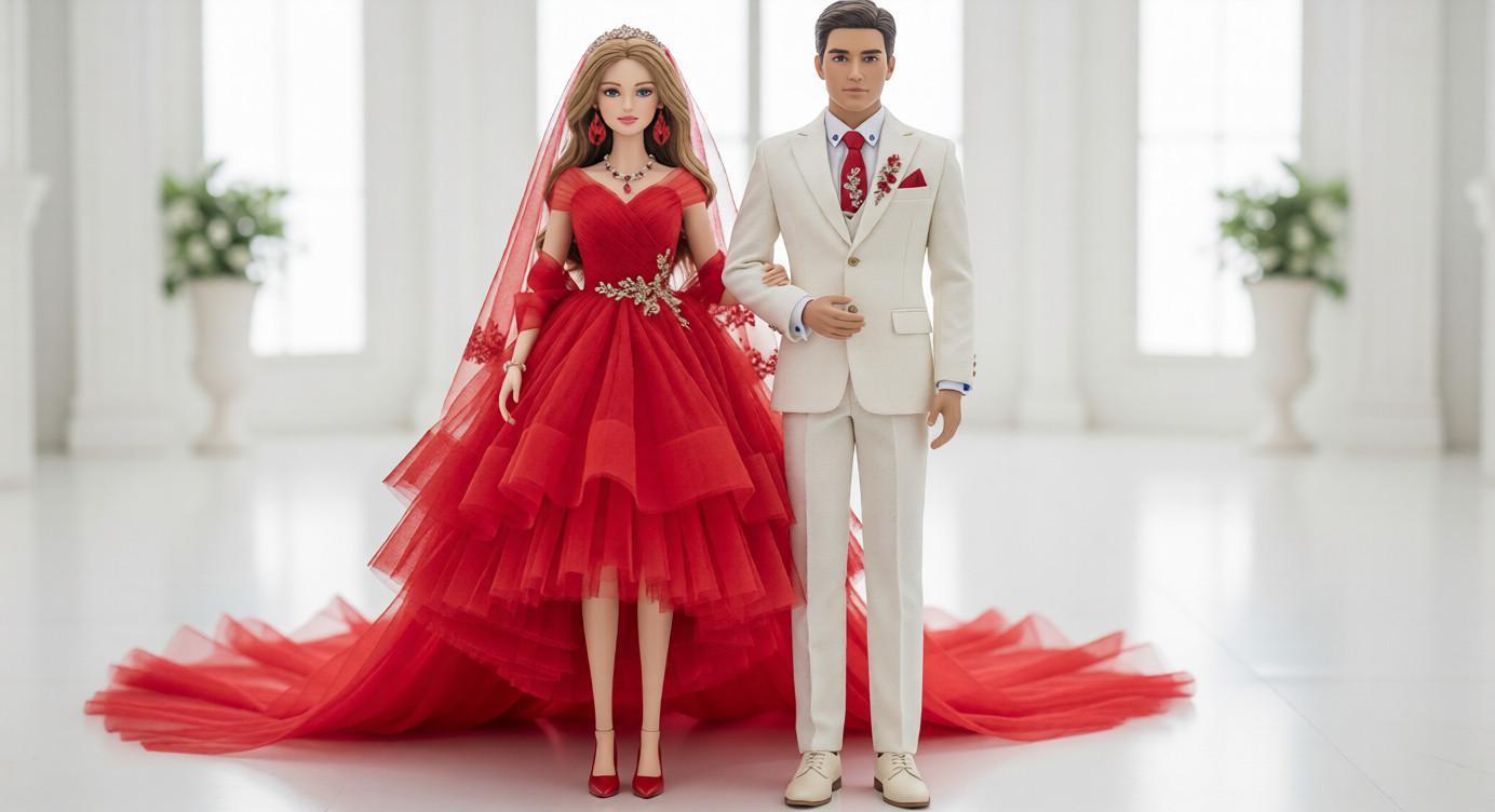 Custom Ruby Tulle Aries Bride Ivory Virgo Groom Dolls for Clean Church Wedding Backdrops